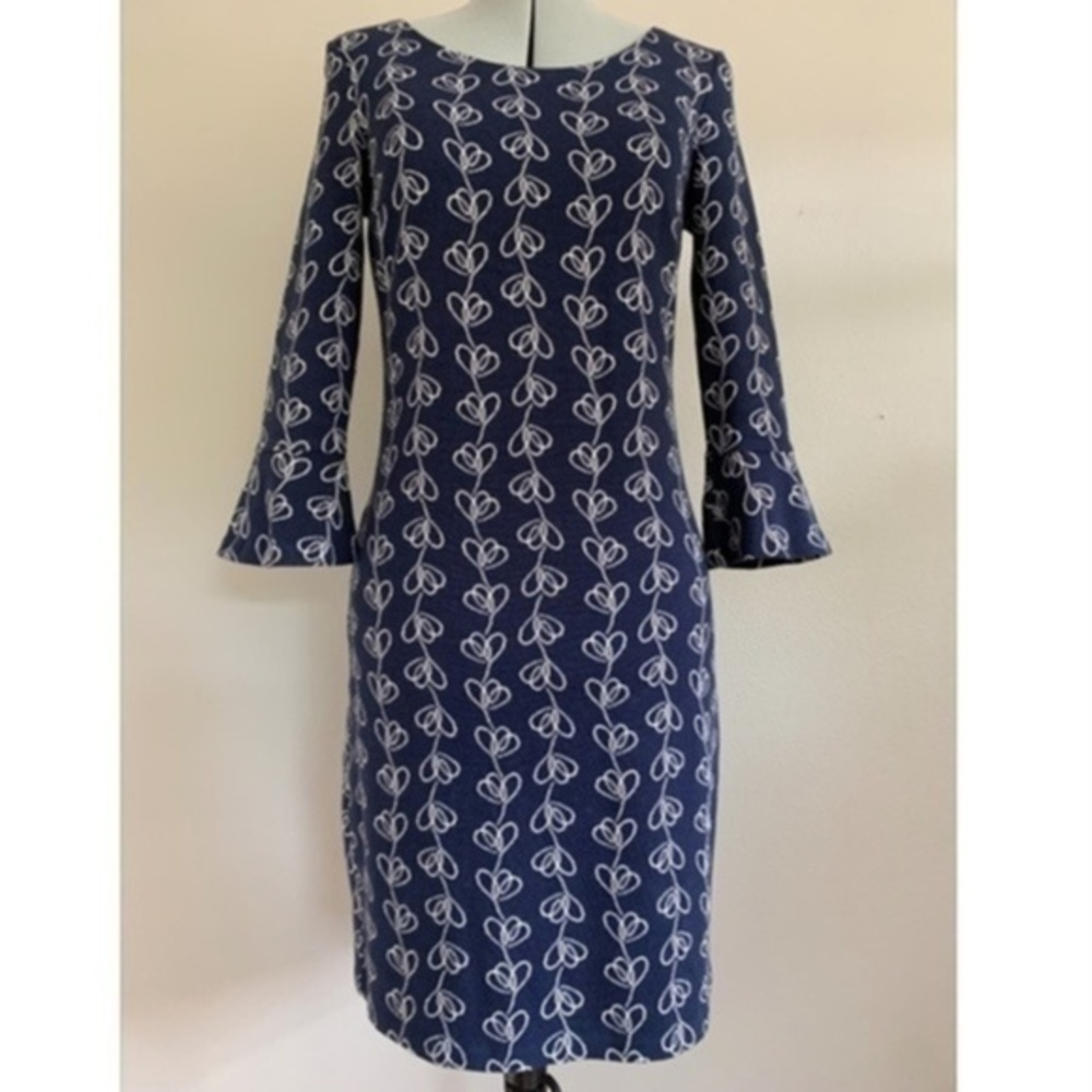 Boden Blue White Knit Sheath Dress Scoop Neck 3/4 Bell Sleeve Work Dress Size 6